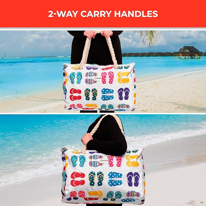 Beach Bag and Pool Bag Has Cooler Pocket, 7 Pockets Total, Zip Top. Family Size Waterproof Beach Tote