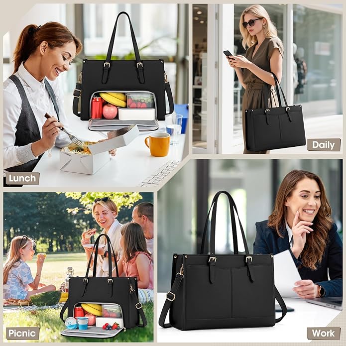 Laptop Bag for Women with Insulated Lunch Compartment 15.6 Inch Pu Leather Work Tote Computer Briefcase Bag for Office