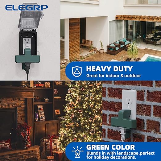 ELEGRP 3-Prong Weatherproof 3-Outlet Extender Adapter, Heavy Duty Triple Grounding Outlet Power Extender with Dust-proof Cover, Indoor/Outdoor Use, ETL Listed, 1 Pack, Green