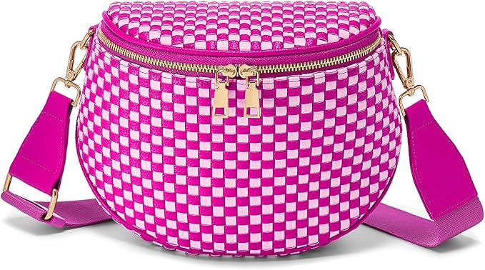 Trendy Woven Checkered Crossbody Bum Bag for Women，PU Leather Checkered Purse Fanny Packs Belt Bag (Woven Bum Bag - Rose White)