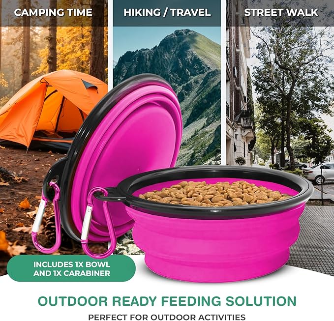 Collapsible Dog Bowls for Travel, Portable Dog Water Bowl & Food Bowl for Dogs and Cats, Foldable Pet Feeding Dish for Walking Hiking Camping with Carabiner, BPA Free, Purple