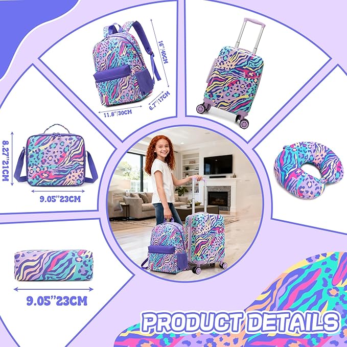 Kids Luggage with Spinner Wheels 5 Piece Carry on Suitcases for Girls Backpack with Lunch Box Pencil Case 16" Toddler Suitcase Set Airline Approved (Blue Purple Leopard)