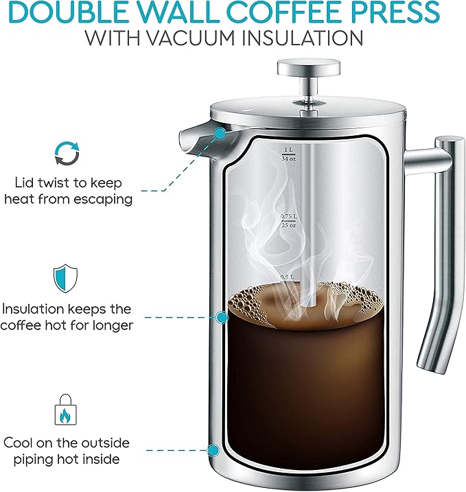 French Press Coffee Maker 34oz (1 Liter) - 304 Stainless Steel Insulated Coffee Press Maker, Double Wall Thermal, 4-Level Filtration, Includes 2 Extra Filters, Rust Resistant, Dishwasher Safe, Silver