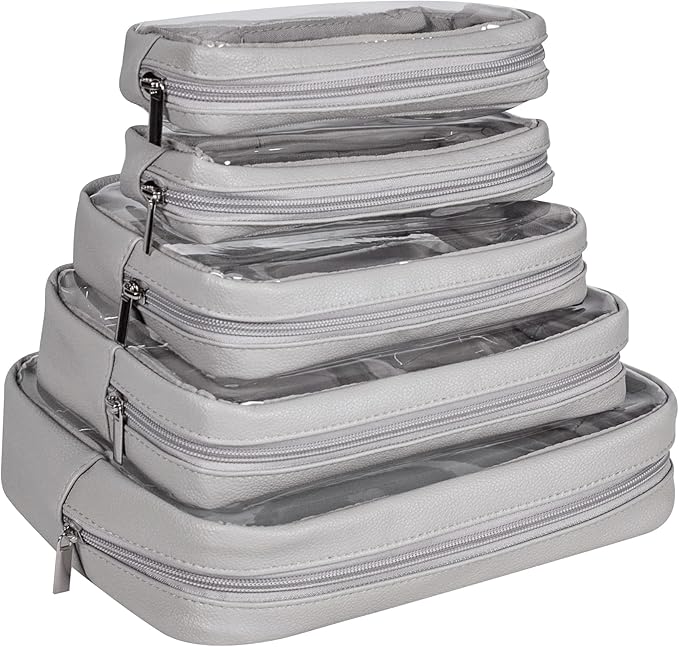 Remobia Hicol TSA Approved 5-Piece Diaper Bag Organizer Pouch Set Clear Waterproof TPU Kids Toiletry Storage Set Travel Packing Clutch Cube Bags for Baby Nursing (Light Gray)
