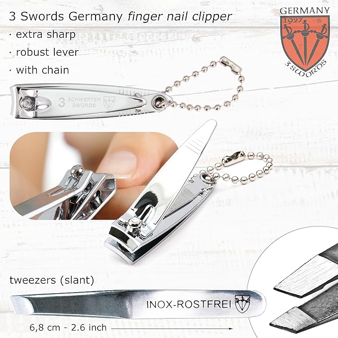 3 Swords Germany - Brand Quality 6 piece Manicure Pedicure Grooming kit Set - Scissors, Metal and Glass Nail File, Clipper, Tweezers with Synthetic Leather case - White