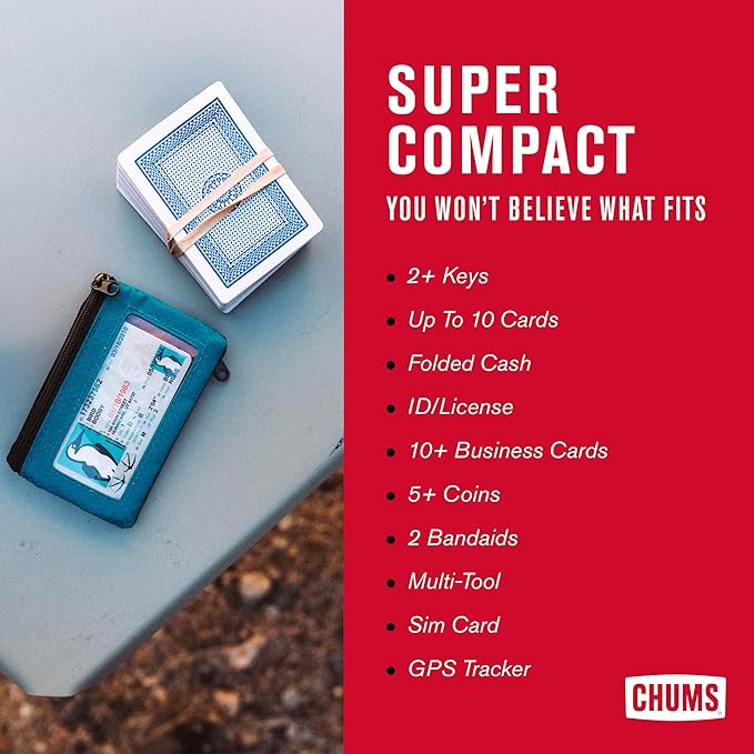 Chums Surfshorts Wallet - Lightweight Zippered Minimalist Wallet with Clear ID Window - Water Resistant with Key Ring (Red/Blue Swirl)