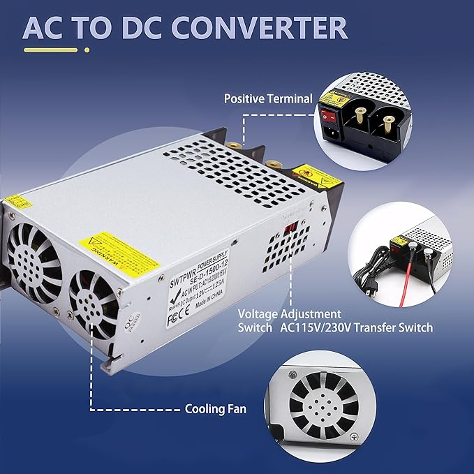 New Upgraded DIY SMPS 110V AC to DC 12V 125A 1500W Power Supply,12V DC Power Supply,110V to 12V Converter Voltage Transformer for Motor Pump CCTV 3D Printer Air Compressor Led (12V-125A-1500W, 12V)