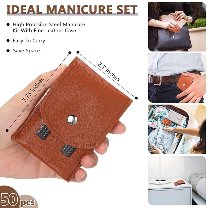 Geosar 50 Set Travel Manicure Kit Bulk Professional Nail Clippers Pedicure Nail Care Tools Grooming Stainless Steel Set with Portable Travel Case, Gift for Christmas Men Women(Brown)