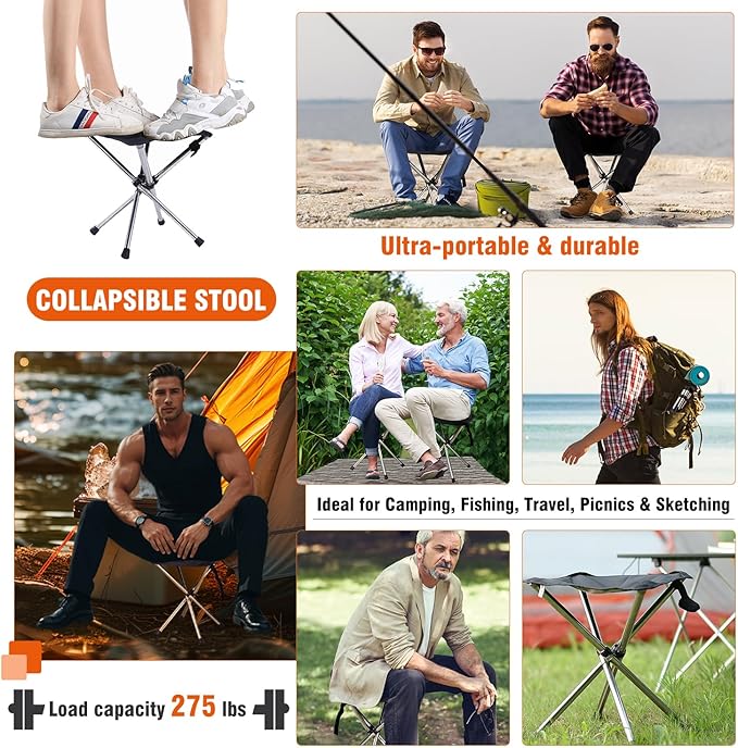 JVZI® Ultra-Light Camping Stool - 1-Second Quick Setup, Adjustable Height & Foldable Design, 275lbs Capacity for Camping, Fishing, Hiking & Outdoor Activities (1)