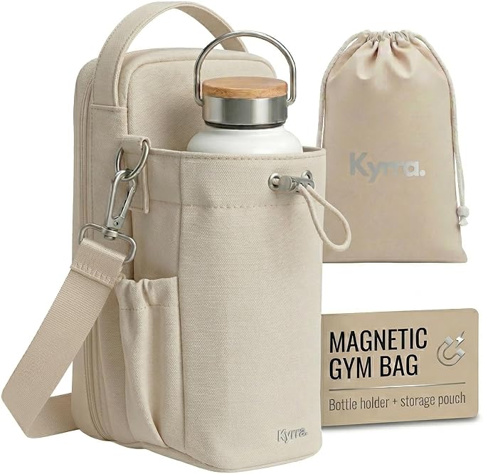 kyrra. Magnetic Gym Bag Beige with Water Bottle Holder Reusable Pouch 2 Bags in 1 Compact Crossbody Small Sports Training Bag Durable Waterproof Fitness Organizer Workout pouch for Men Women Travel