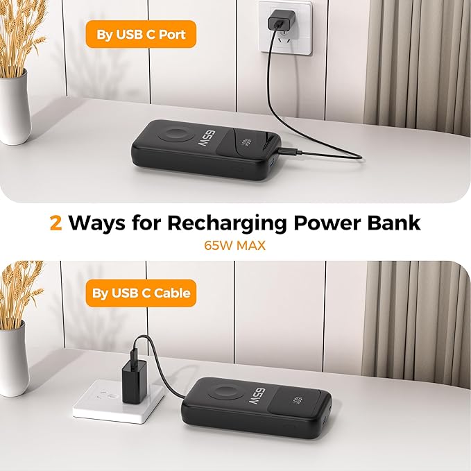 PANDUK Power Bank 20000mAh 65W Laptop Portable Charger for Apple Watch Built-in Cables, USB C Fast Charging Battery Pack LED Display, Travel Essentials for MacBook iPad Tablet iPhone 17 Galaxy S26