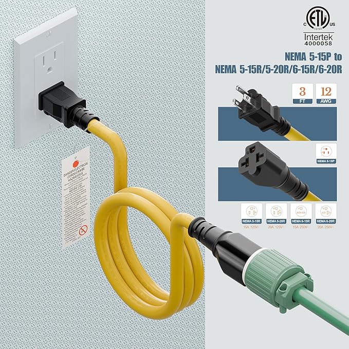 4 in1 NEMA 5-15P Extension Cord, Winxus 3FT NEMA 5-15P to 5-15R, 5-20R, 6-15R, 6-20R Adapter Cord, 15A to 20A AC Adapter Cable, 3 Prong Extension Cords 3 FT