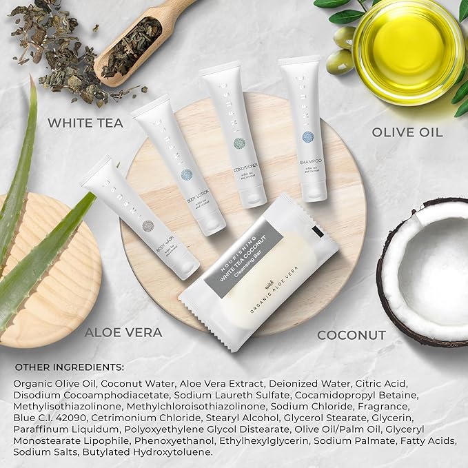 Infuse Pure White Tea and Coconut Hotel Soaps and Toiletries Bulk Set | 1-Shoppe All-In-Kit for Airbnb | 1oz Shampoo & Conditioner, Body Wash, Lotion & 1.25oz Bar Soap | Travel Size 300 Pieces