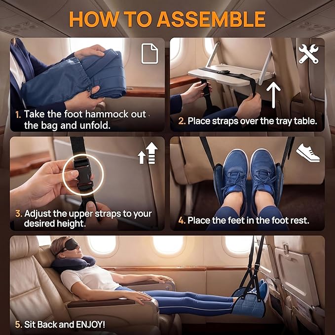 Airplane Footrest Hammock, Adjustable Foot Rest for Long Flights - Travel Must-Haves and Travel Essentials,Portable Airplane Gadgets for Flying Comfort(Navy Blue,1 Pack)