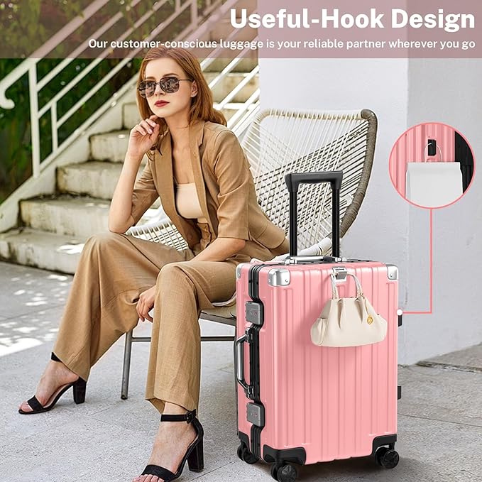 Krute Zipperless Luggage 24 Inch Aluminum Frame Suitcase with Spinner Wheels PC+ABS Hardide Checked Luggage TSA Approved No Zipper Travel Suitcase Pink