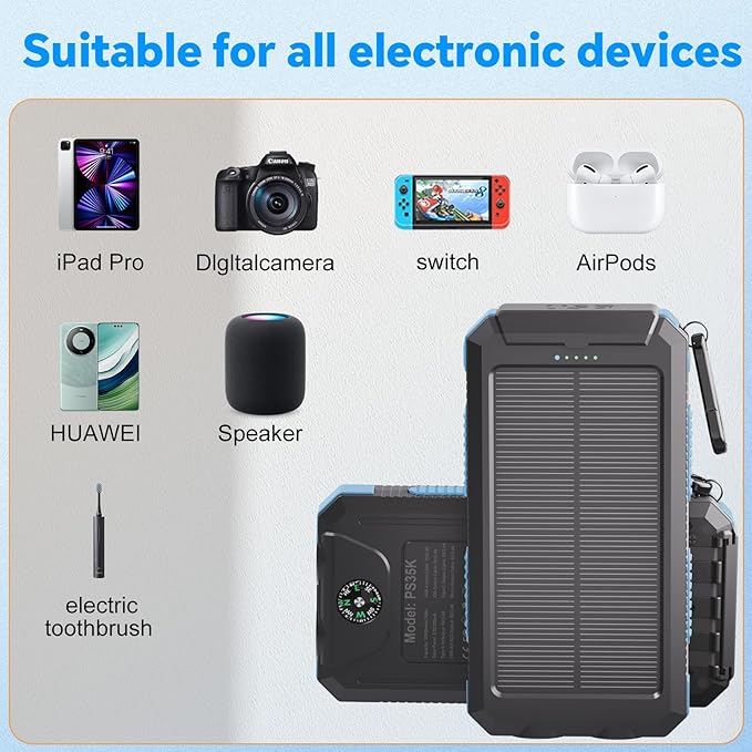 Power Bank Solar Charger 20,000mAh, Portable Phone Charger, 4 Cables Outdoor Waterproof External Backup Power Charger with USB-C for Cell Phones, Solar Battery Pack with Dual Flashlight for Camping