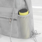 NATURAL STYLE Mesh Drawstring Backpack Bag, Gym Sports Bag with Zipper Pocket Bottle Holder, String Beach Bag for Swiming Travel (Grey)
