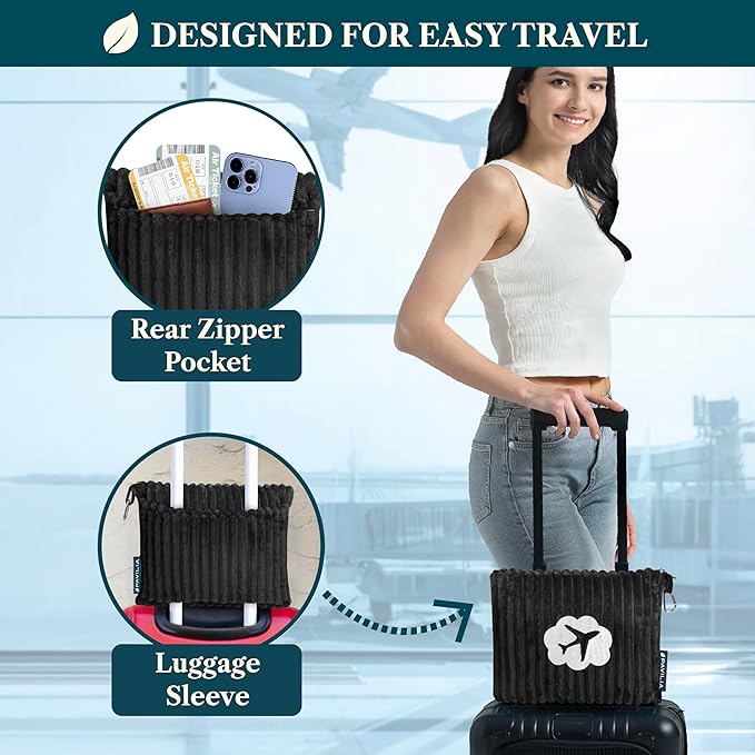 PAVILIA Travel Blanket Pillow, Airplane Blanket Set in Soft Bag with Pockets, Plane Blanket Compact Packable, Flight Essentials Car Pillow, Travelers Accessories Gifts, Luggage Strap, Black