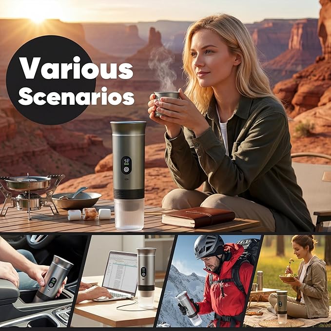Portable Espresso Coffee Maker, Battery Operated Rechargeable Travel Espresso Machine, Self Heating Mini Coffee Maker for Camping & Car, Works with Ground Coffee and Small/Large Capsules, 80ml Cup
