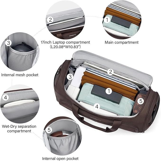 Hanke Large Capacity Travel Duffel Bag, Carry On Luggage with 12 Pockets, 17 Inch Laptop Compartment, Wet Dry Separation & Independent Shoe Bag, Lightweight Foldable Duffel Bag for Women Men（Coffee）
