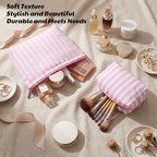 Huhumy 2 Pcs Makeup Bag Set Cute Cosmetic Pouch for Women Seersucker Travel Toiletry Bag Preppy Small Makeup Purse Pouch Aesthetic Skincare Brushes Storage Organizer for Valentine Women(Pink Wide)