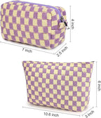 SOIDRAM 2 Pcs Checkered Makeup Bag Large Cosmetic Bag Toiletry Bag Makeup Pouch Travel Bag Organizer Cute Makeup Brushes Aesthetic Accessories Storage Bag for Women Purple