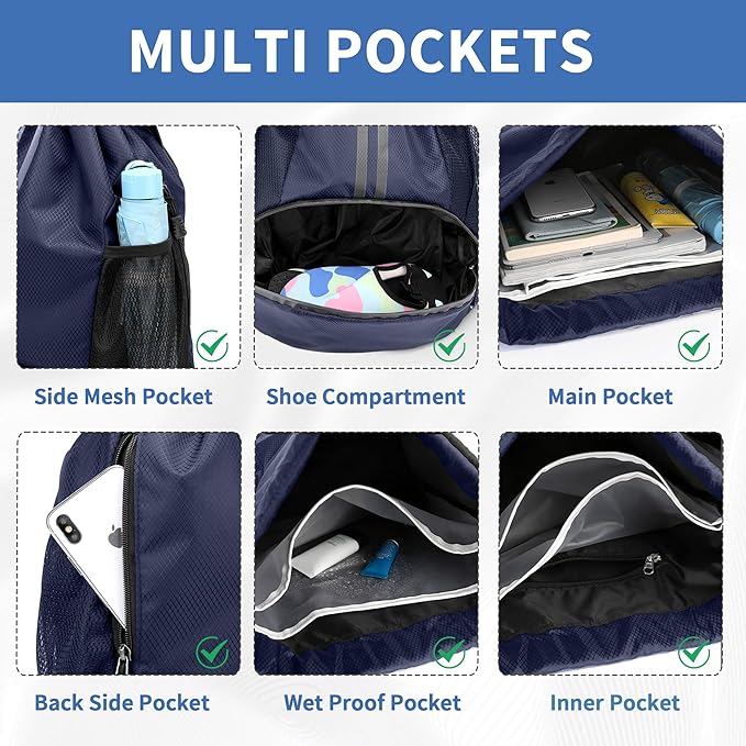 JELUTAR Drawstring Backpack Gym Bag with Shoes Compartment for Soccer, Basketball, Swim, Water-Resistant String Backpack Beach Cinch for Women Men, Navy Blue