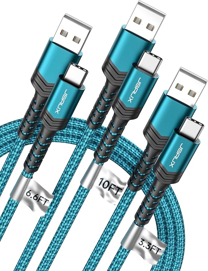 JSAUX USB C Cable Fast Charging, 3-Pack (10ft+6.6ft+3.3ft) USB A to Type C Charge Cord for iPhone 17/17 Pro/17 Pro Max, iPhone 16/16 Pro/16 Pro Max, Samsung S24 S22 S20 Note 20, USB C Charger(Green)