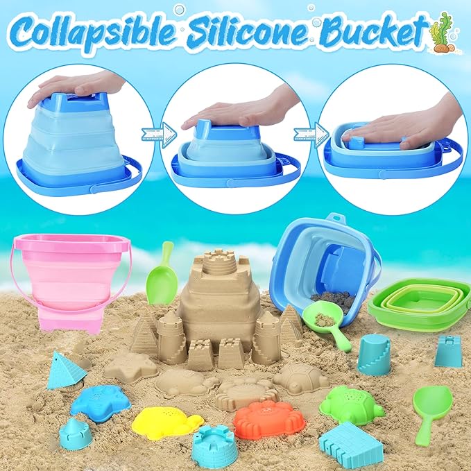 RACPNEL Collapsible Beach Toys for Kids, 3 Pack Foldable Sand Buckets and Shovels Set with Mesh Bag, Silicone Pails for Beach Travel Essentials, Easter Egg Hunt, Sand Toys Molds for Kids and Toddlers