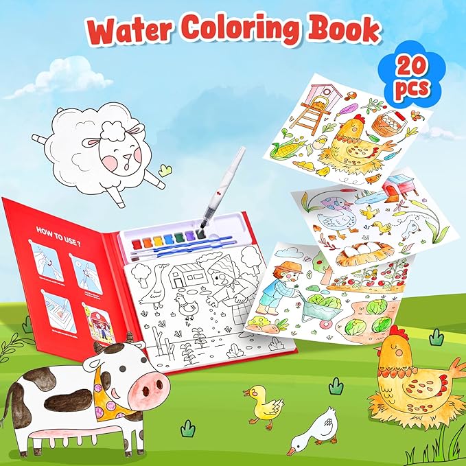 JoyCat Paint with Water Coloring Books for Toddlers, Watercolor Painting Sets for Kids Ages 3-5 4-8, Arts and Crafts Drawing Activities Toy Birthday Gifts for Boys Girls (Farm)