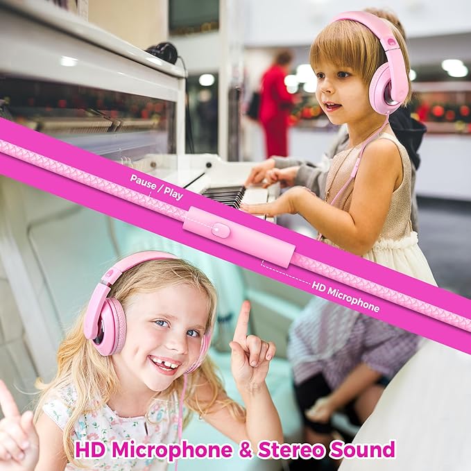 rockpapa Comfort+ Kids Headphones with Microphone, Boys Girls Student Over-Ear Headphones Wired Foldable for School Classroom Laptop PC Computer Tablet Pink