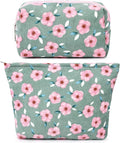 SOIDRAM 2 Pieces Sakura Makeup Bag Large Cosmetic Bag Capacity Canvas Mix Travel Toiletry Bag Organizer Cute Makeup Brushes Aesthetic Accessories Storage Bag for Women, Sakura Mix Green