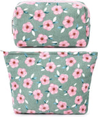 SOIDRAM 2 Pieces Sakura Makeup Bag Large Cosmetic Bag Capacity Canvas Mix Travel Toiletry Bag Organizer Cute Makeup Brushes Aesthetic Accessories Storage Bag for Women, Sakura Mix Green