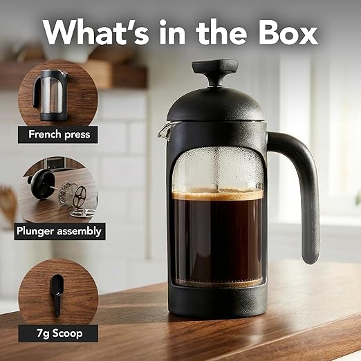 OVENTE French Press Coffee Maker 12 Ounce with Heat Resistant Borosilicate Glass & Stainless Steel 4-Level Filtration System, Portable Cold Brew Coffee Maker for Travel, Camping or Gift, Black FPB12B