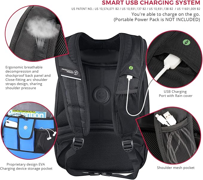 Swissdigital Design TSA Business Laptop Backpack For Men,Travel Backpack With USB Charging Port,College Tech Backpacks With RFID Pockets Presents For Men Fits 15.6 Inch Computer | J16BT-1