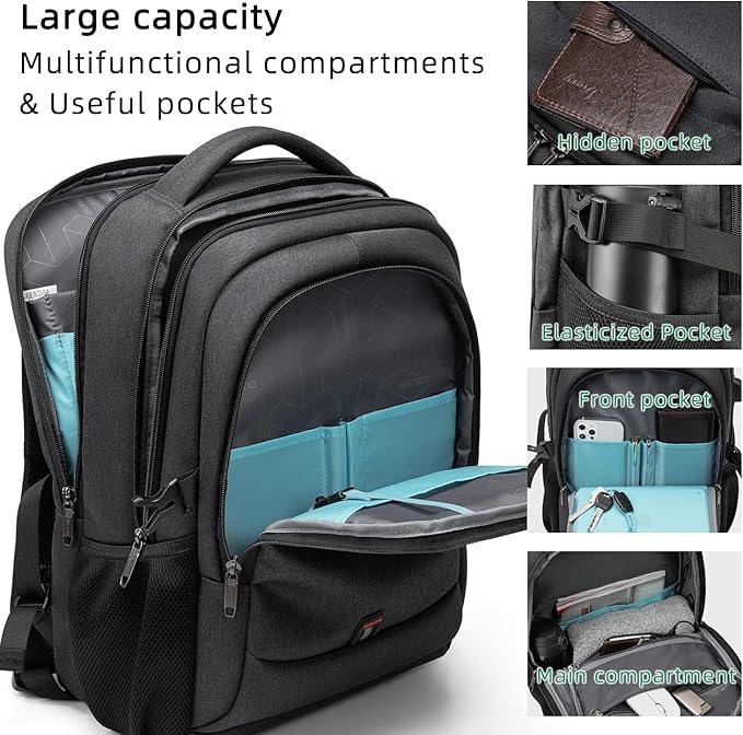 DUSLANG 17 Inch Laptop Backpack for Travel Water Resistant College Backpack for Men Women Laptop Bag with USB Charging Port black lock,Black