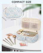 Relavel Travel Makeup Bag, Small Floral Cosmetic Bag with Makeup Brush Compartment, Portable Makeup Pouch for Women, Double Layer Makeup Organizer Bag Cute Toiletry Bag