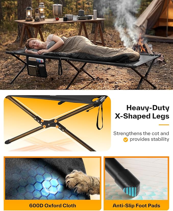 Sportneer Camping Cot: 78.3"x28.7"x14.6" Comfort Cot Bed for Camping Traveling Guest Bed, Sleeping Cots for Adults with Side Pockets & Storage Bag - Ease of Assembly, Support 330 Lbs