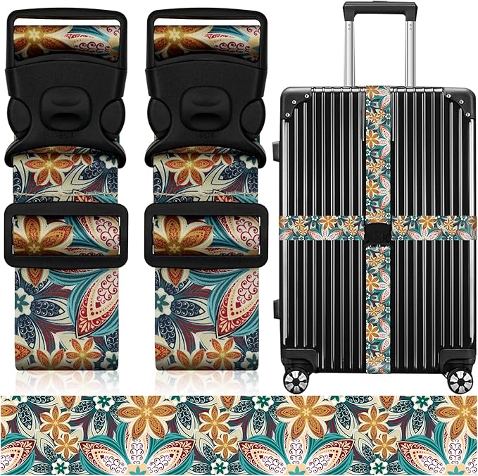 2 Pack Luggage Straps for Suitcases, Adjustable Travel Belt with Double Lock and Quick Release Buckle, Heavy Duty Nylon Bag Packing Strap, Unique Identifiers Business Travel Accessories-Green Flowers