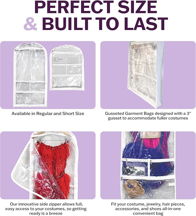 Clear Garment Bags for Dance Costumes 3-Pack, Short-Size, Side Zipper Entry, Storage Pockets for Shoes & Accessories, Size 24”x18”, Dream Duffel