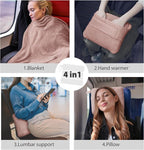 DEZ FURNISHINGS 4-in-1 Travel Compact Blanket Pillow Super Soft Velvet with Luggage Sleeve and Backpack Clip, Dusty Pink, 60" x 45"