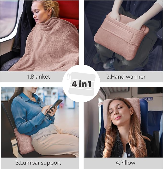 DEZ FURNISHINGS 4-in-1 Travel Compact Blanket Pillow Super Soft Velvet with Luggage Sleeve and Backpack Clip, Dusty Pink, 60" W x 45" H