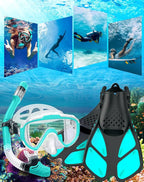 Ubekezele Snorkeling Gear for Adults Men Women,4 in 1 Snorkel Set with Panoramic View Diving Mask Anti-Fog Anti-Leak,Dry Top Snorkel,Fins and Travel Bag for Swimming,Snorkeling and Travel Diving