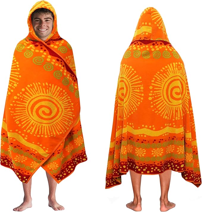 COTTON CRAFT Hooded Beach Towel – Oversized 35 x 70 Towel with Hood for Adults - 100% Cotton Velour Terry Jacquard Towel - Pool Bath Wrap - 450 GSM Soft Absorbent Quick Dry – Sunshine Orange Yellow