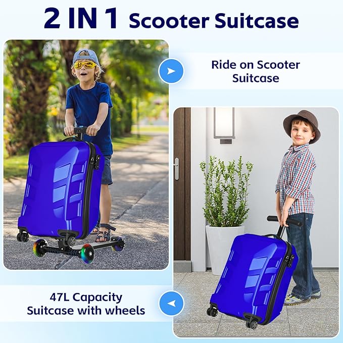 Scooter Suitcase for Kids & Adults，3-D Hardshell Ride On Scooter Luggage with Led Light Up Wheels，TSA Lock，Lightweight Foldable Carry On Rideable Suitcase for Children Teenagers (Blue, 21-inch)