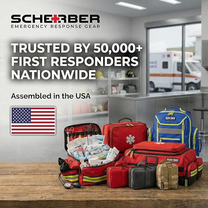 Scherber First Responder Fully-Stocked Professional Essentials EMT/EMS Trauma Kit | HSA/FSA Approved | Reflective Bag w/8 Zippered Pockets & Compartments & 200+ First Aid Supplies - Yellow