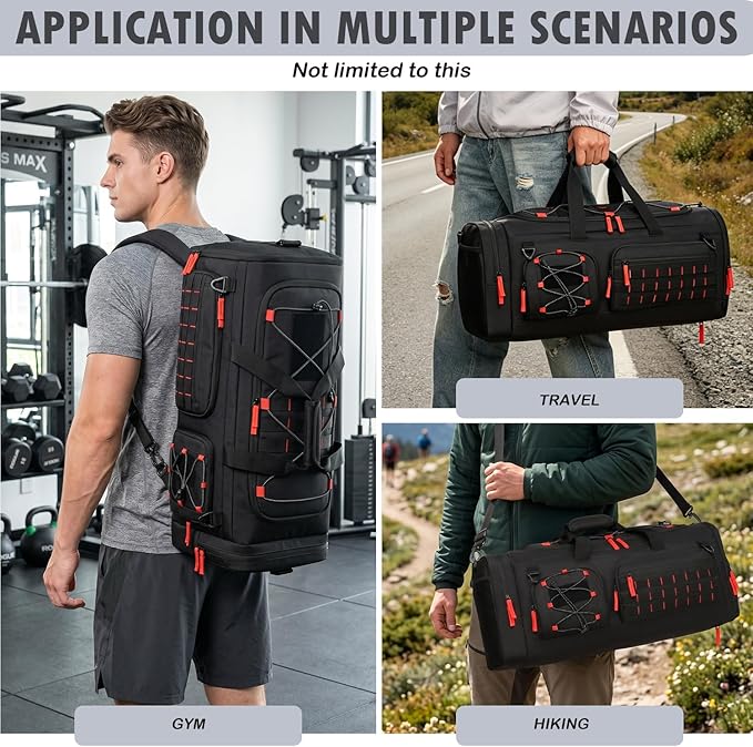Gym Bag for Men and Women, 50L Extra Large Duffle Bag, 3-in-1 Travel Sports Duffel Bags with Shoe & Laptop Compartment for Overnight Weekender Gym Traveling Workout Deployment, Black+Red