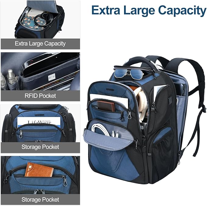 KROSER TSA Friendly Travel Laptop Backpack 18.4 inch XXXL Gaming Backpack Water-Repellent College Daypack Business Backpack with RFID Pockets & USB Port for Men/Women-Black/Haze Blue