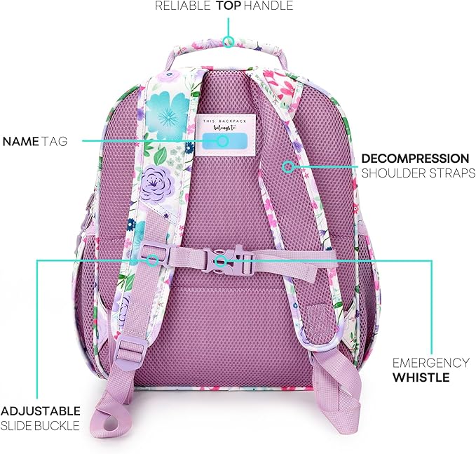 mibasies Kids Backpack for Girls: Girls Backpack 5-8 - Kindergarten Elementary School Bookbag for Girl - Flower Light Purple