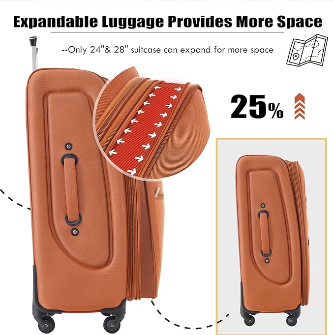 Lightweight Expandable Softside Luggage Sets 3 Piece, Large Capacity Travel Suitcase with Spinner Wheel, TSA Lock, Easy Access Design and Adjustable Telescoping Handle (Orange)